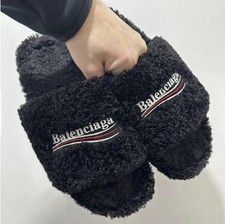 Balenciaga Black Shearling Fur Slide Slippers Men's US 10.5 Comfort Designer New