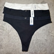 GapBody Womens Cotton Rib Thong Panties 3 Pack Black White Navy Blue Large NWT