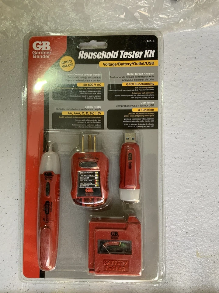 LOTE DE 2 Kit de Probador Eléctrico para el Hogar; Batería, GFCI, Probador USB y Extractor de Fusibles Foto 2 de 4
