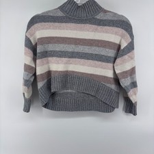 Striped Knit Sweater Mock Neck Pullover Gray Brown Pink Neutral Tones Size 7