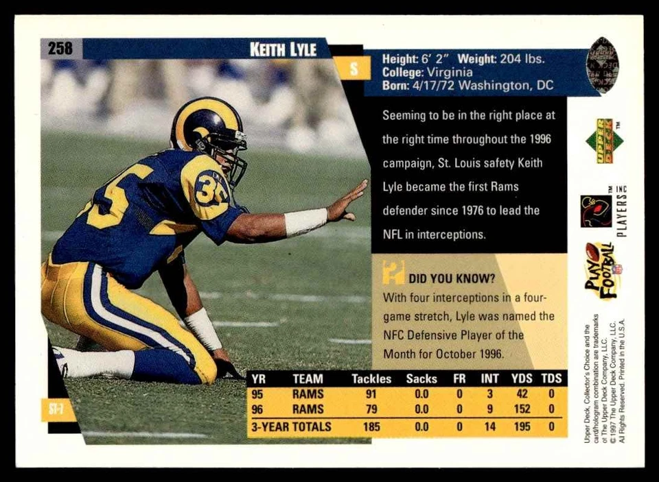 1997 Collector's Choice Keith Lyle St. Louis Rams #258 20827 - Image 2 of 2