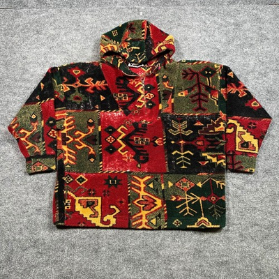 #ad Vintage MY T Mens Aztec Tribal Fleece Hoodie Quarter Zip Patchwork Red Green M $29.99