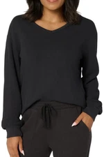 AnyBody Women's Washed Waffle Knit Drop Shoulder V-Neck Top Black