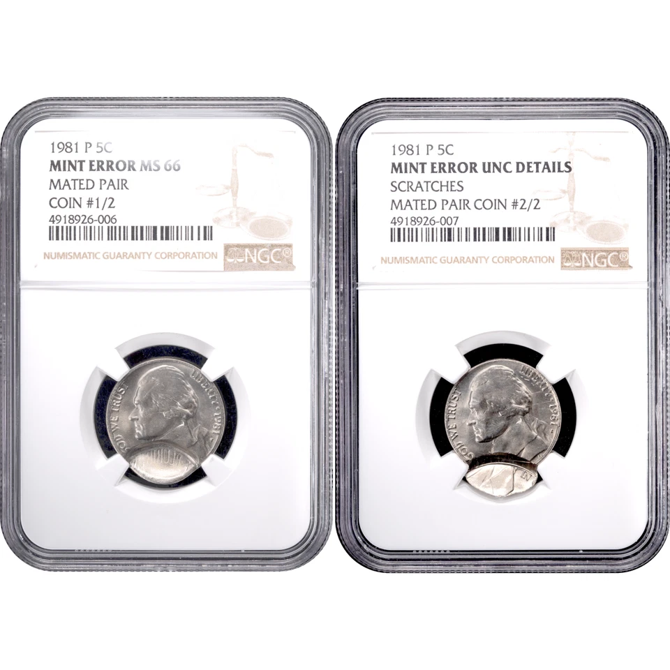 1981-P Jefferson Nickel 5c Error - Par de 2 monedas emparejadas NGC 66 / DETALLES Foto 2 de 4