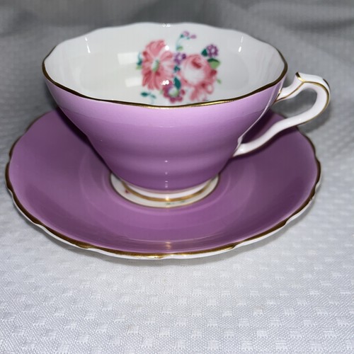 Vintage Teacup & Saucer Wellington Lavender Orchid Pink w Rose & Gold Gilt Rare