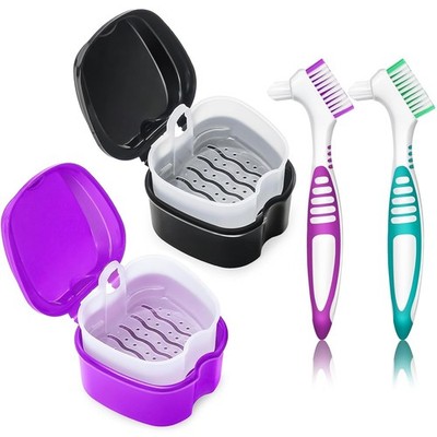 Denture Cleaning Cup with Brush Case Container Denture Storage Retainer Holder