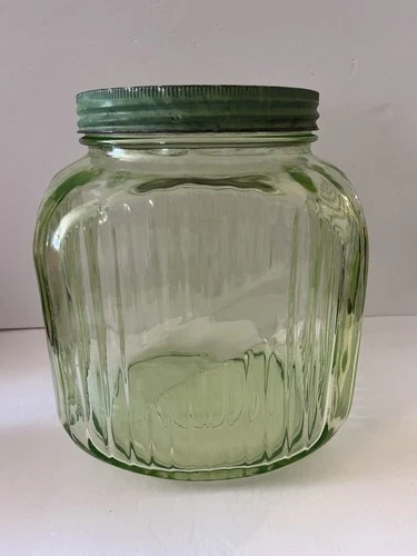 1930s Uranium Glass Hoosier Canister Cookie Jar Large Depression Vaseline Glass