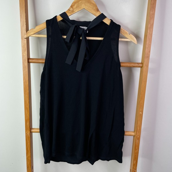 Witchery Tank Top Womens Small Black Sheer Tie Neck V-Neck Lightweight Casual
