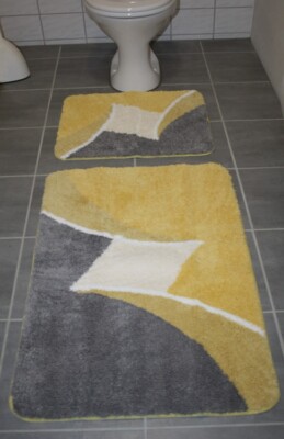 Schöne BADEMATTE grau-gelb-weiss-beige BAD-TEPPICH NEU