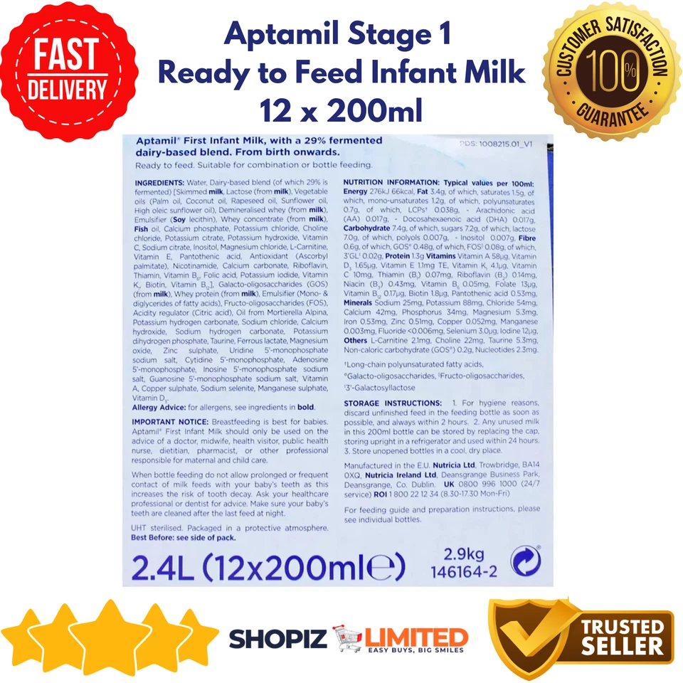 Aptamil First Infant Milk Stage1 Ready Made 0-6 Baby Formula -Pack of 12 x 200ml - Image 2 of 2