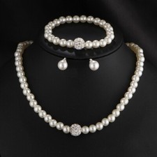 White Pearls Chain Necklace Earrings Bracelet Wedding Jewelry Set Fashion Women