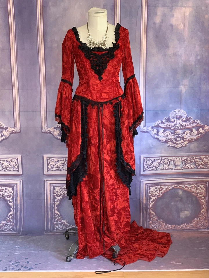 3 Piece Custom Red Velvet Renaissance Gown Dress SMALL/MED Corset Bustle - Image 4 of 4