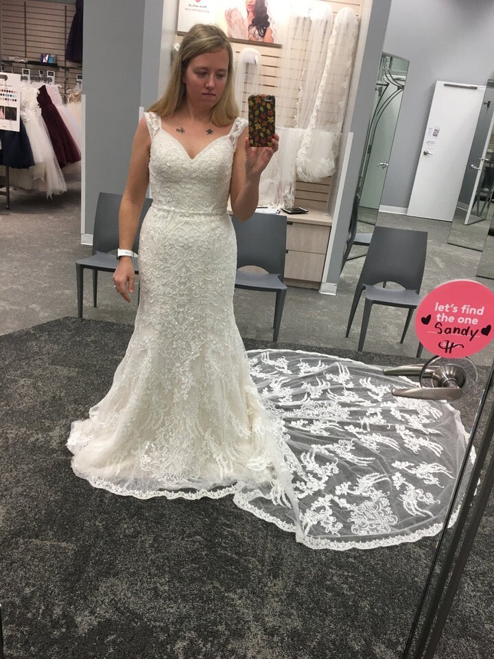 Oleg Cassini Off The Shoulder Lace Mermaid Wedding Dress
