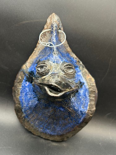 Folk Art Pottery Blue Black Distorted Bird Crow Raven Oddity Mask Nancy Q Lange
