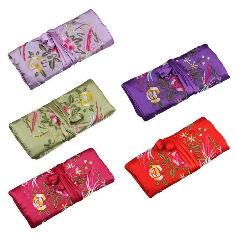 Oriental Silk Jewellery Roll Wrap Jewelry Pouch Organizer Travel Storage Case j