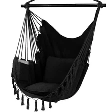 Hammock Chair Hanging Rope Swing Cotton Porch Outdoor Patio Seat w/2 Cushions