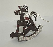 Vintage Wood Chocolate Brown  White Rocking Horse Christmas Tree Ornament 4" H
