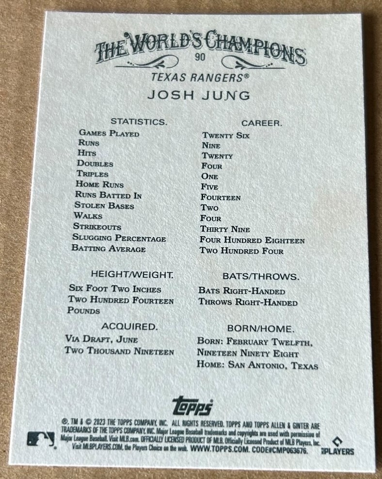 JOSH JUNG 2023 TOPPS ALLEN & GINTER Rookie Card #90 NM-MT