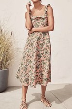 Ann Taylor floral cotton linen ruffle square neck flare dress size 0 Easter