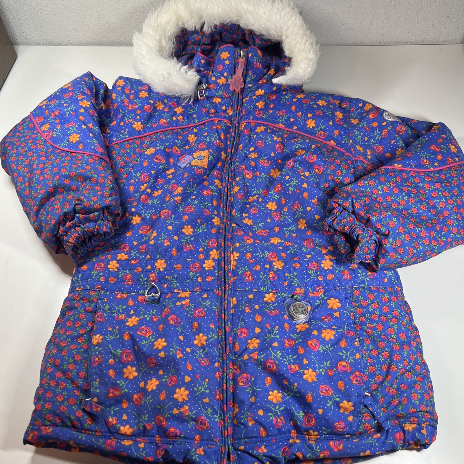 Girls Obermeyer IGrow Blue Floral Ski Jacket Winter Coat Zip Off Hood