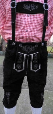 Trachten Wildleder Lederhose Kniebundhose mit Träger in schwarz Neu - Bild 1 von 4