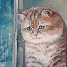 original oil painting Striped Cat at the window portrait of a Pet 8x8 inches