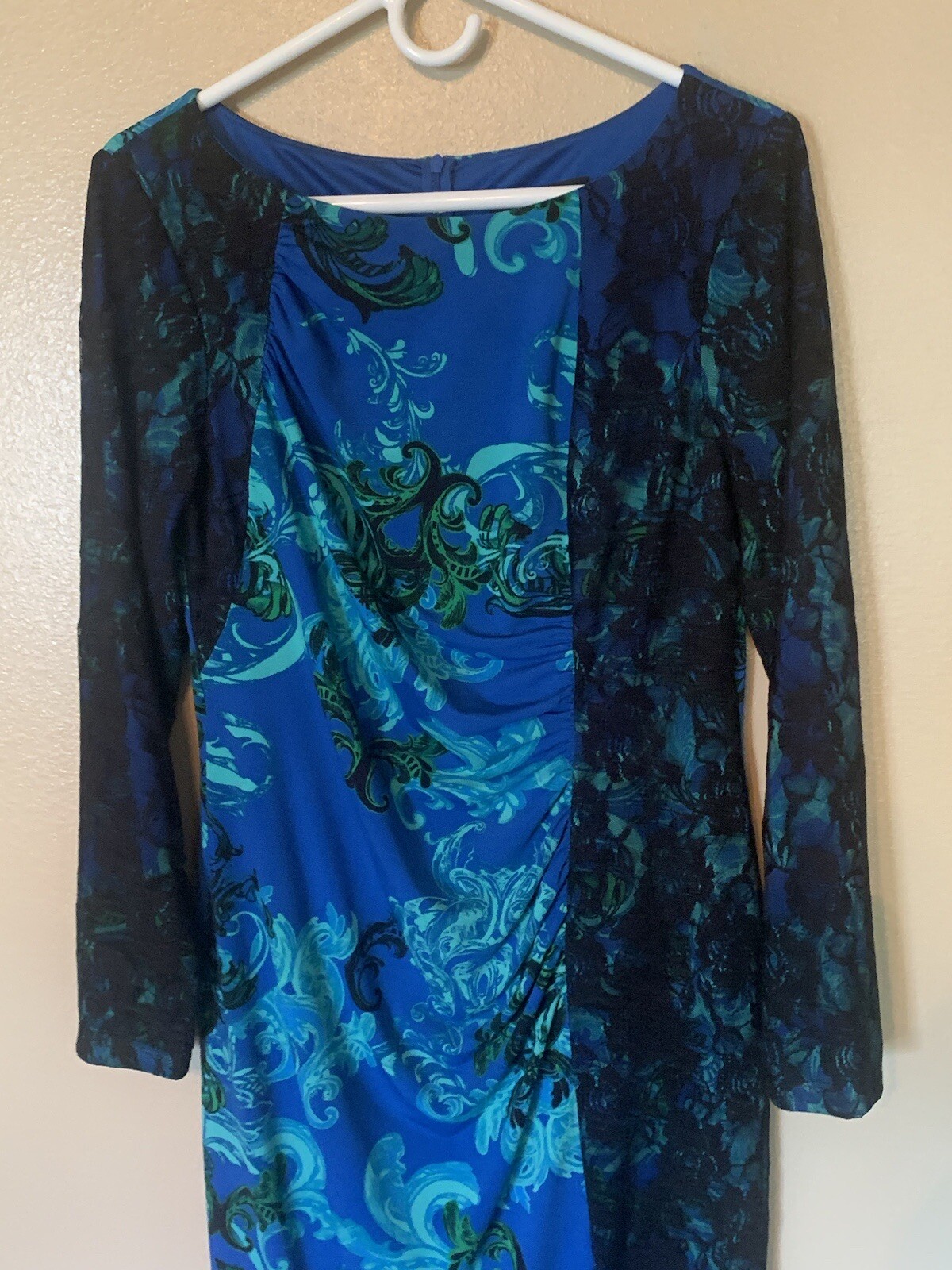 David Meister blue and black lace trimmed ruched dress size 12