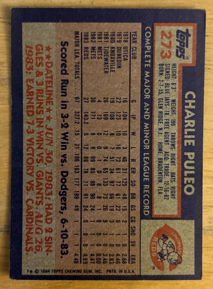 1984 Topps Charlie Puleo Baseball Card #273 Reds Pitcher GD/VG O/C - Image 2 of 2