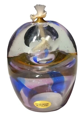 Adam Jablonski Art Glass Crystal Oil Lamp Paperweight Egg Hand Blown Blue Pink - Image 1 of 4