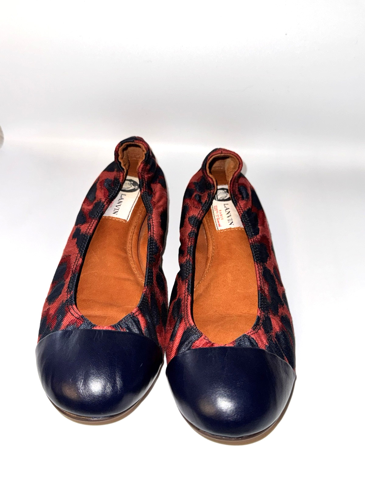 LANVIN Paris Women’s 6 Black Red Leopard Print Lambskin Fabric Ballet Flats EUC image 2