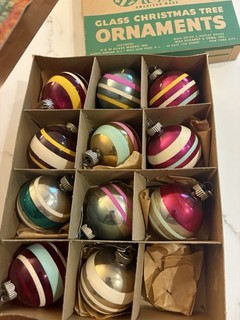 Vintage Shiny Brite glass Christmas ornaments in original box.