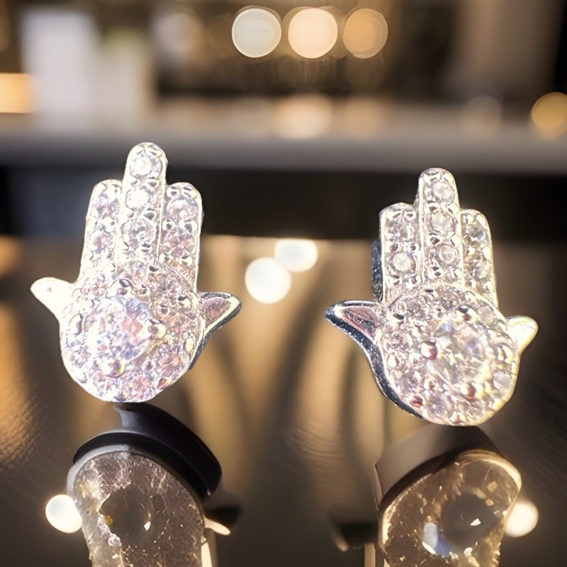 Real 925 Sterling Silver MOISSANITE Hamsa earring Iced Men Women glam gift party