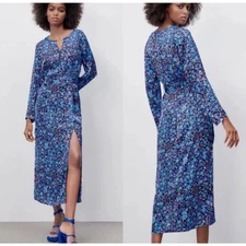 NEW NWT Zara Midi Blue Floral Long Sleeve Satin Dress Small Belted Front Slit
