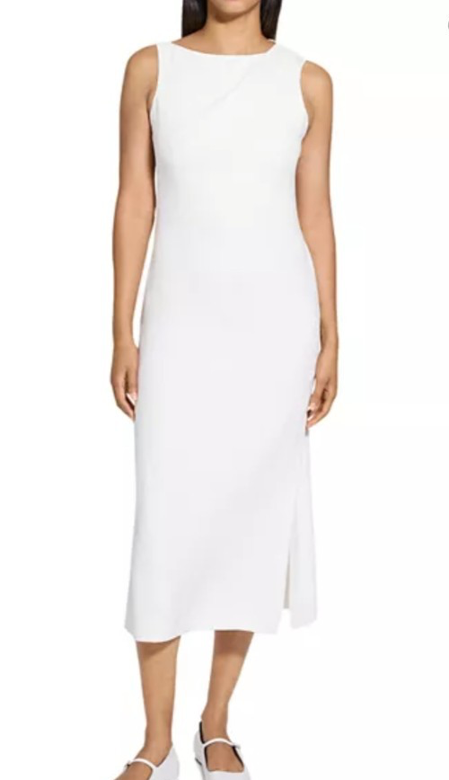 Theory Caidy White Crepe Midi Dress Size 4 Sleeveless Side Slit Shift NWT