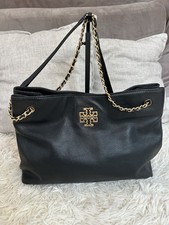 Tory Burch Britten Black Pebbled Leather Gold Chain Tote Crossbody Shoulder Bag