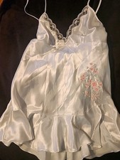 NEW Vintage Cinema Etoile White Satin Babydoll Nightgown Lace Embroidered M 2 Pc