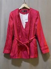 NWT ZARA Women Collarless Crinkled Effect Belt Blazer SZ S Metallic Reddish Pink