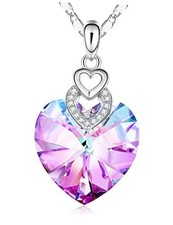 3 Hearts Crystal Necklace for Women, Pendant Engraved Love You - Amethyst Pink