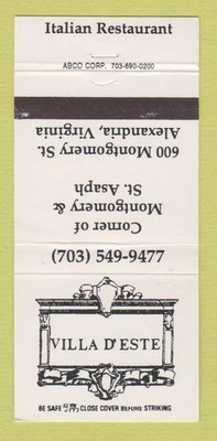 Matchbook Cover - Villa D'Este Alexandria VA WEAR 30 Strike