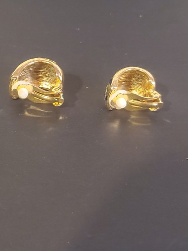 Vintage Green & Blue Enamel Clip-On Hoop Earrings Gold Tone Swirl Wave Design... - Picture 2 of 5