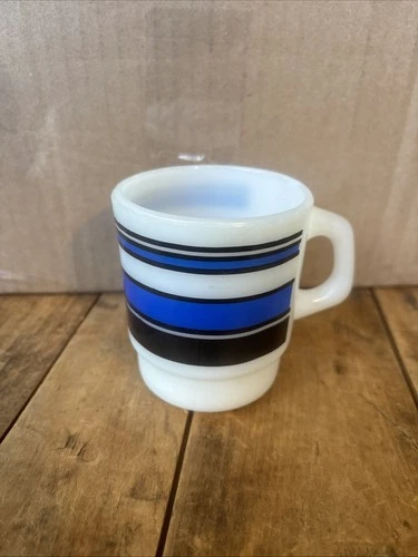 Vtg Anchor Hocking Fire King Super Stripe Coffee Cup Blue Mcm Vintage Flawed