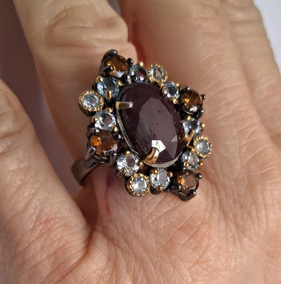 ANELLO ARG. ST. 925 BRUNITO CON RUBINO MASSIVO, TORMALINE E TOPAZI NATURALI - Immagine 3 di 4