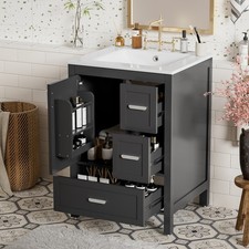 24" Bathroom Vanity w/Ceramic Sink Modern Freestanding Vanity Cabinet w/3 Doors