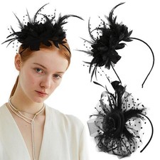 2 PCS Black Fascinators Hat Headpiece Flower Mesh Ribbons Feathers on a Headb.