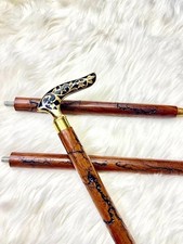 Engraved Black Flora Gold Line Designer Walking Stick  Wood Carved Walking Cane