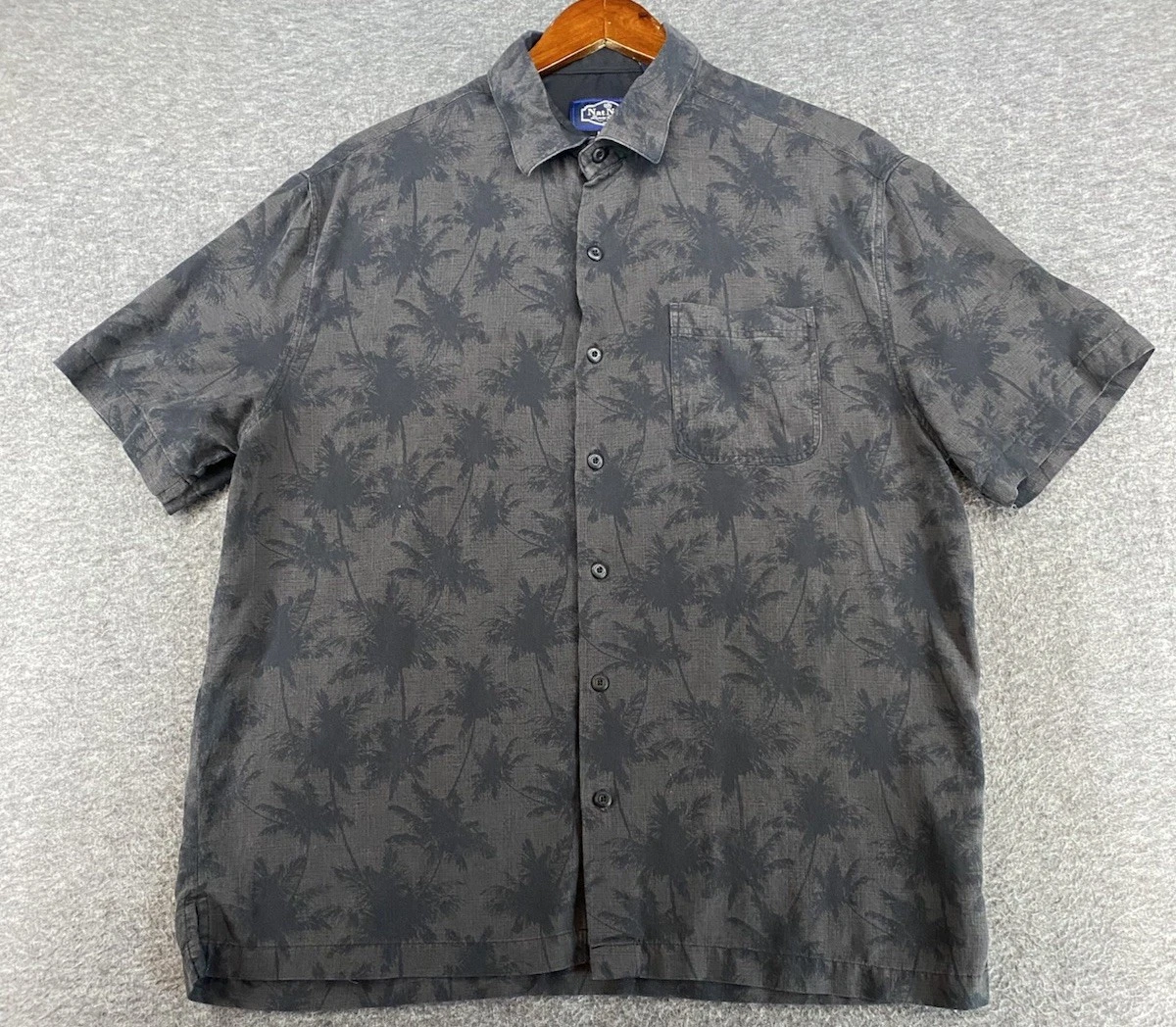 Nat Nast Black Palm Tree Print Silk Blend Short Sleeve Button Up Shirt Men Large