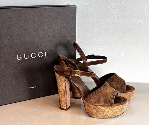 GUCCI Danielle Neutral Brown Suede Platform Cork Heel Sandal Size 38 + Strap Box