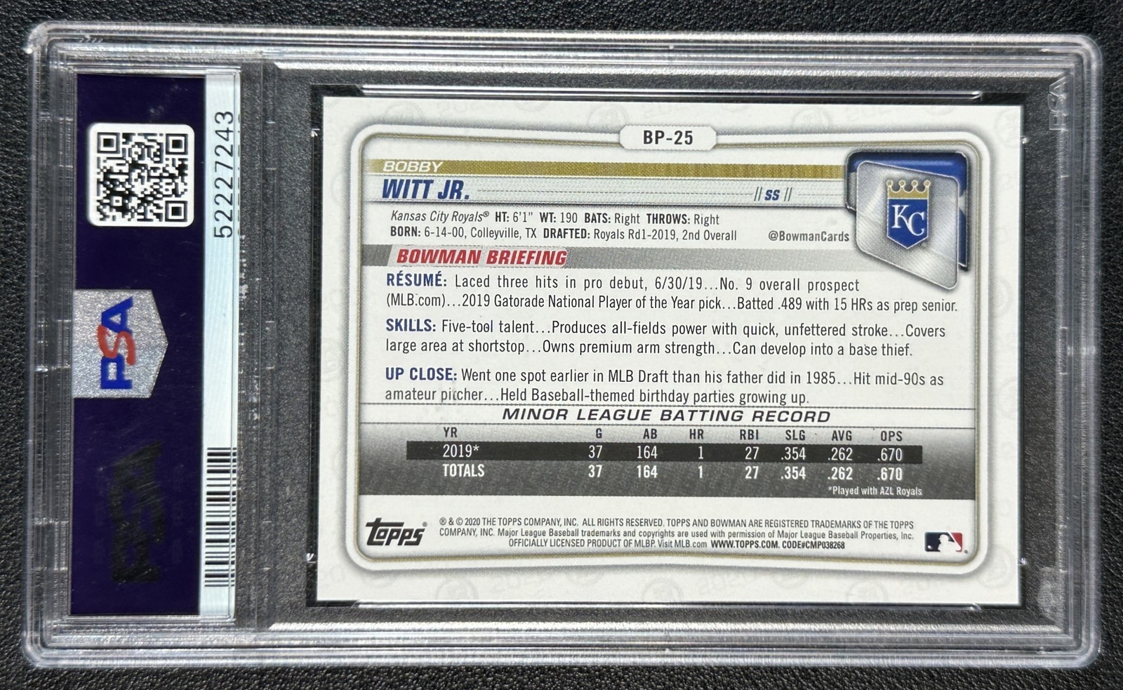 BOBBY WITT JR. PSA 10 2020 BOWMAN #BP-25 PROSPECT BLUE 140/150 ROYALS view 2