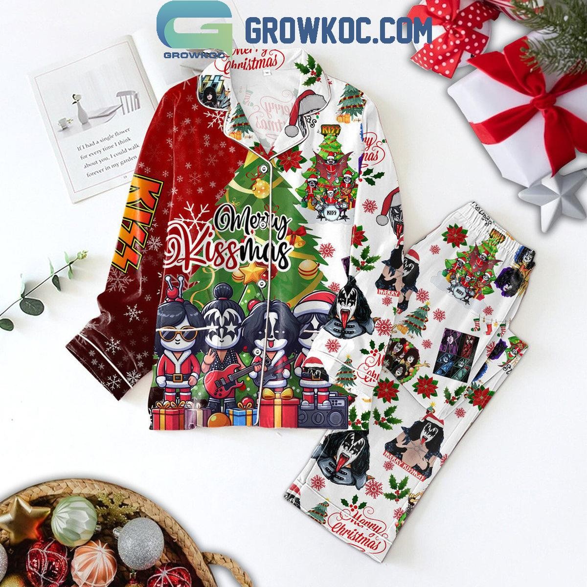 Kiss Rock Christmas Merry Kissmas Holiday Pajama Set for Women