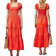 Tory Burch Smocked Midi Dress Size S Poppy Red Tiered Puff Sleeve Cotton Blend